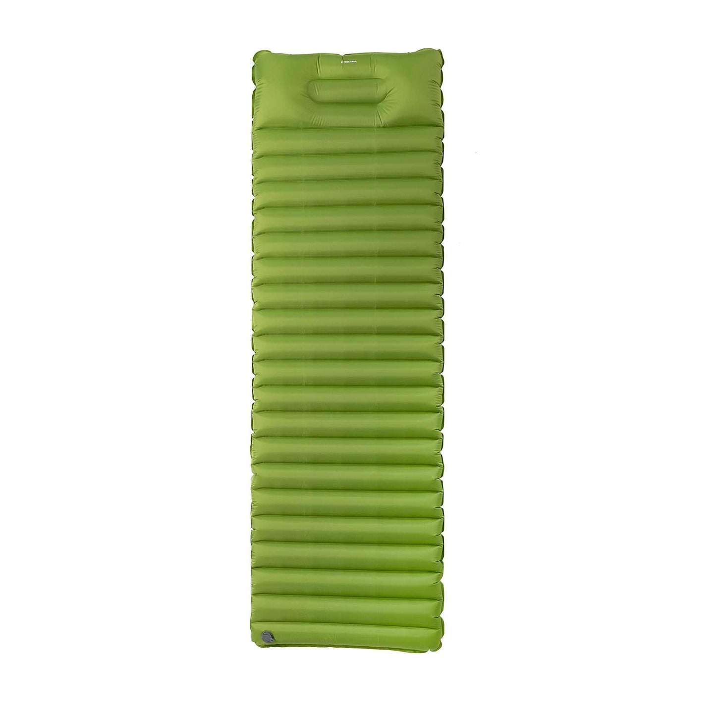 Ultralet liggeunderlag med indbygget pude og fodpumpe, 8,5 cm tykkelse, grøn ripstop nylon.