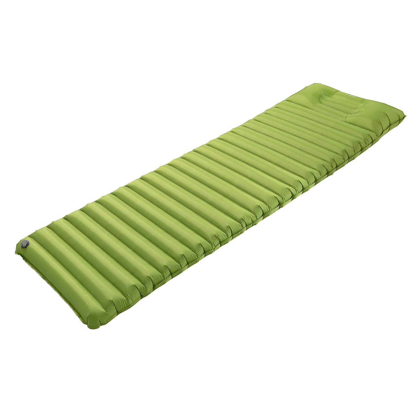 Ultralight sleeping mat with built-in pillow, 8.5 cm thick, green, integrated foot pump, compact and durable ripstop nylon.