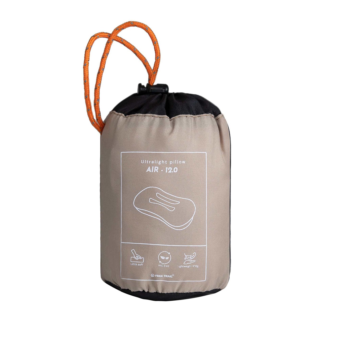 Self-inflating pillow with soft foam core in storage bag, 46x30x10 cm.