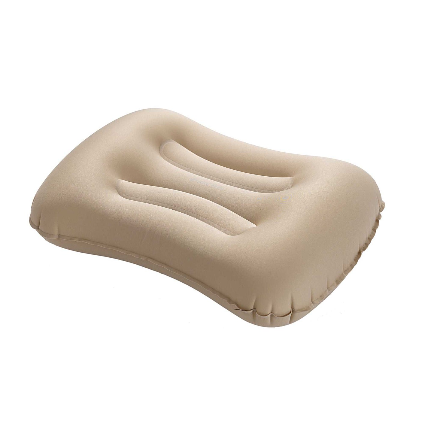 Self-inflating inflatable pillow with soft foam core and skin-friendly material, 46x30x10 cm, includes storage bag.