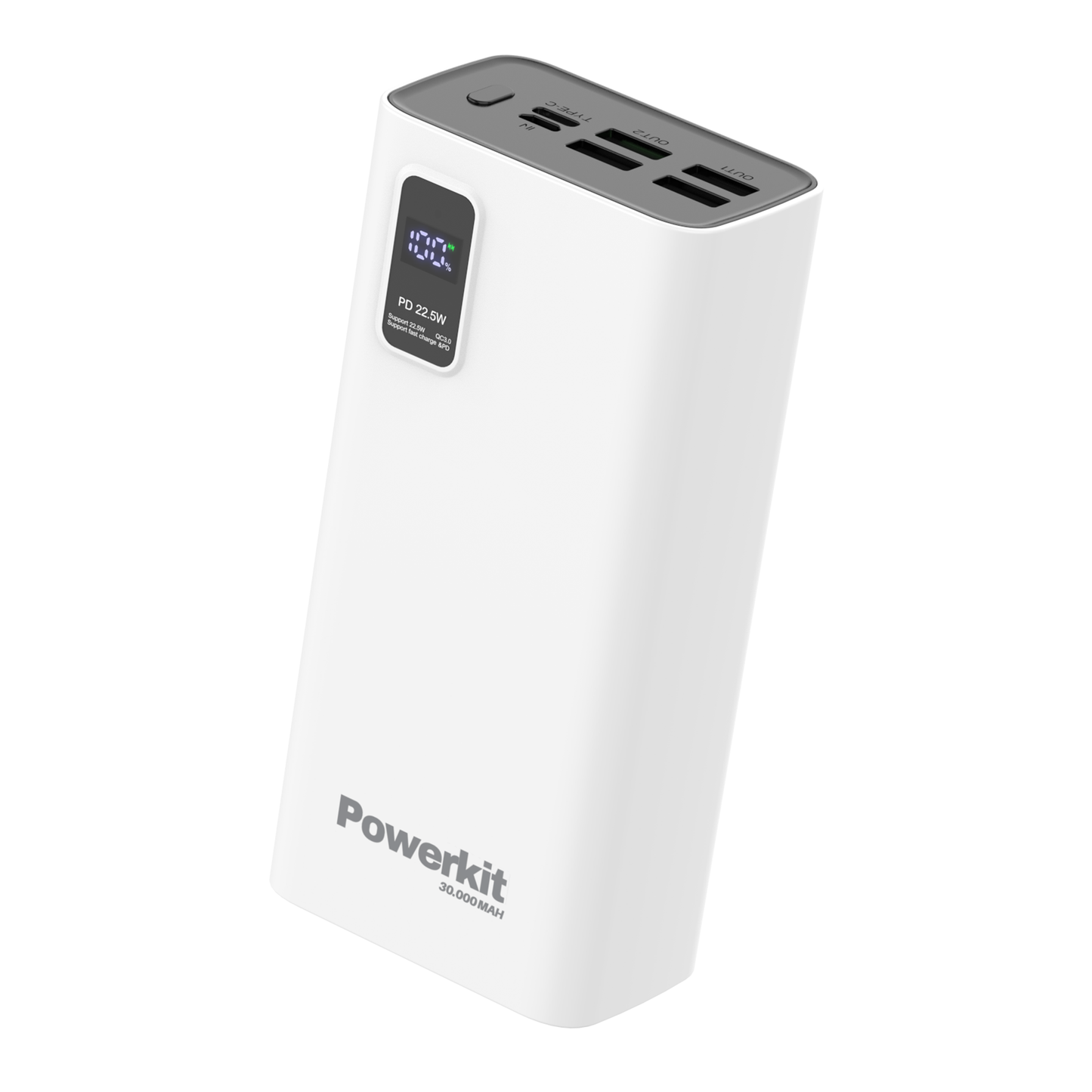 Powerbank 30.000 mAh with fast charging and built-in display.