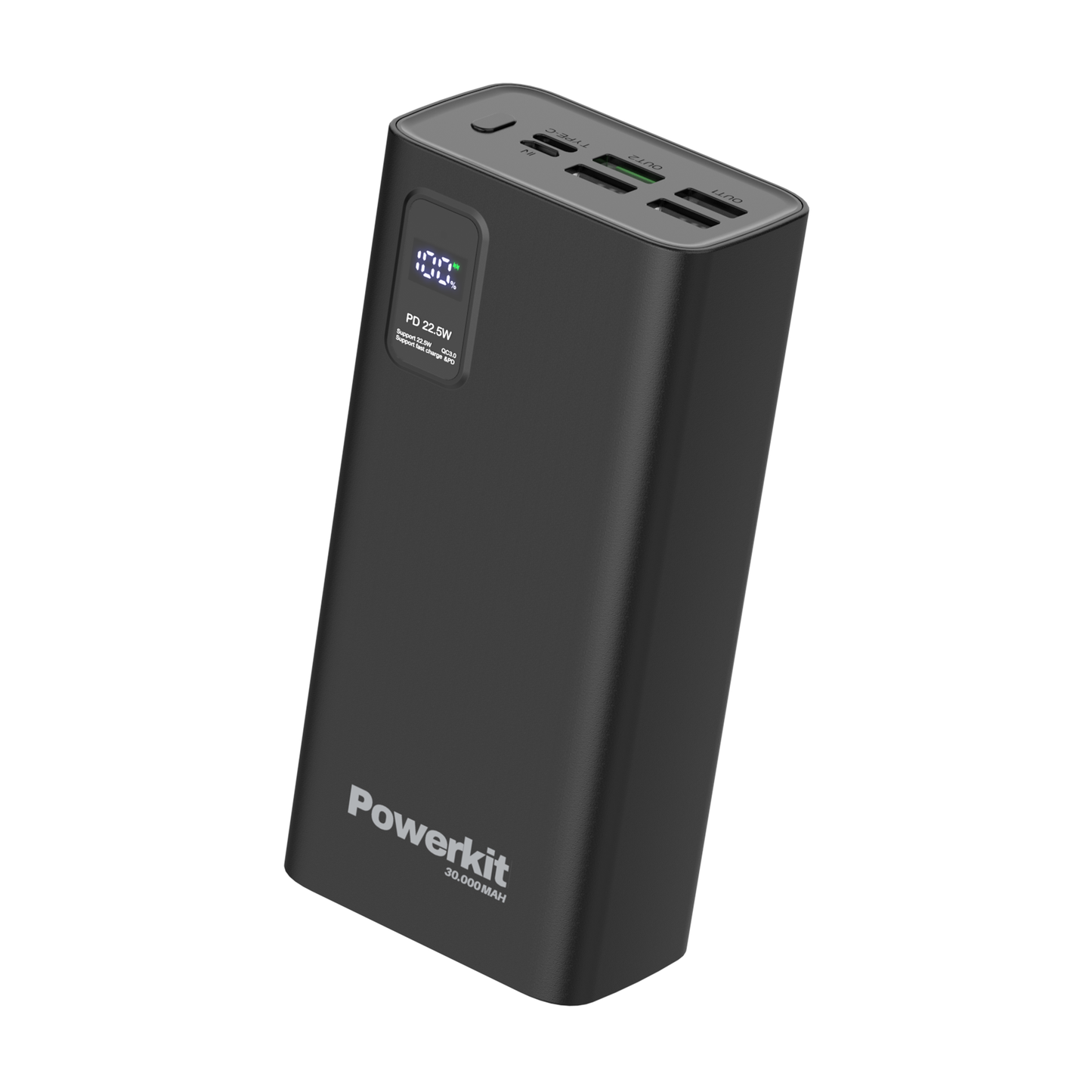 Powerbank 30.000 mAh with fast charging, built-in display, and USB C ports.