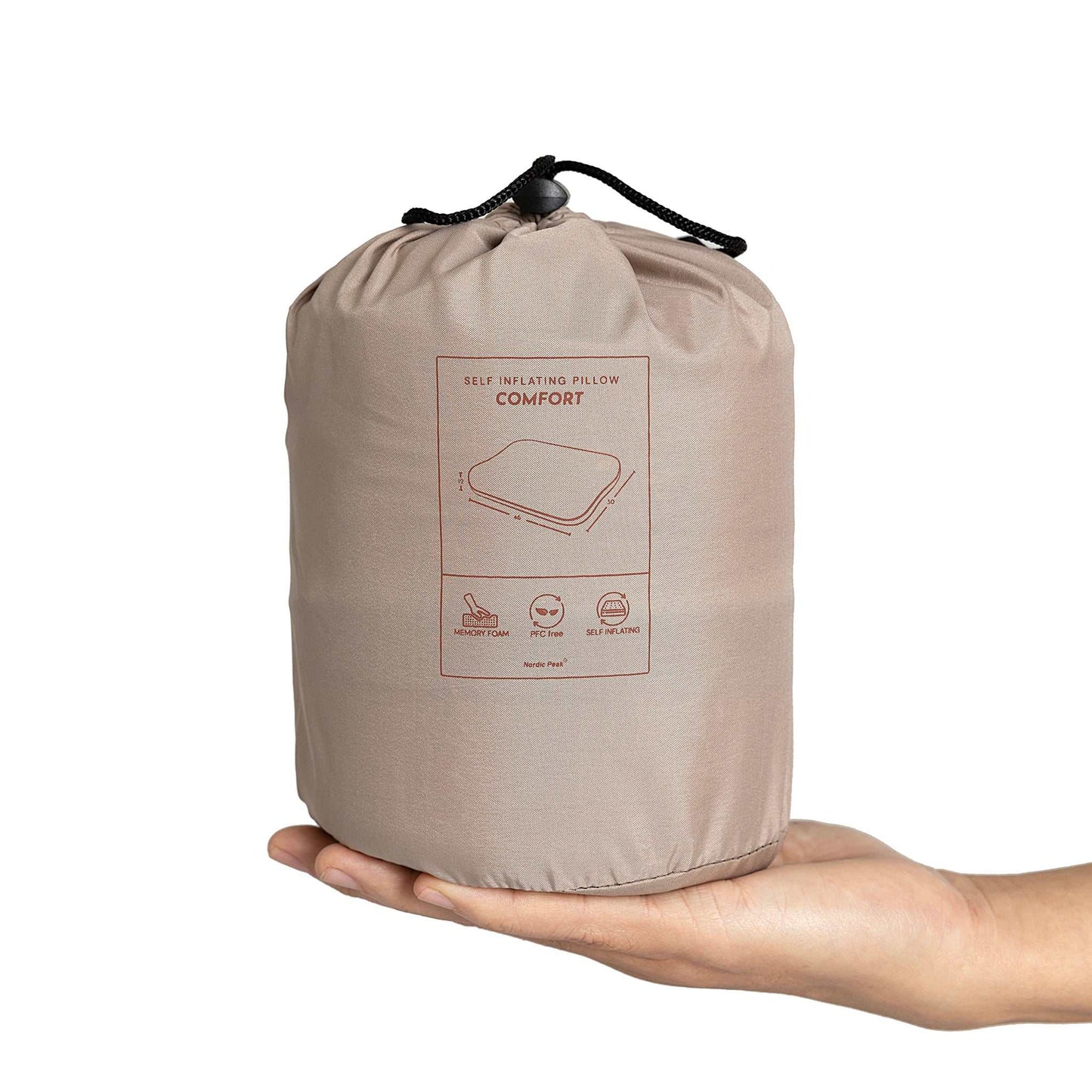 Self-inflating pillow with storage bag, soft foam, gentle on skin.