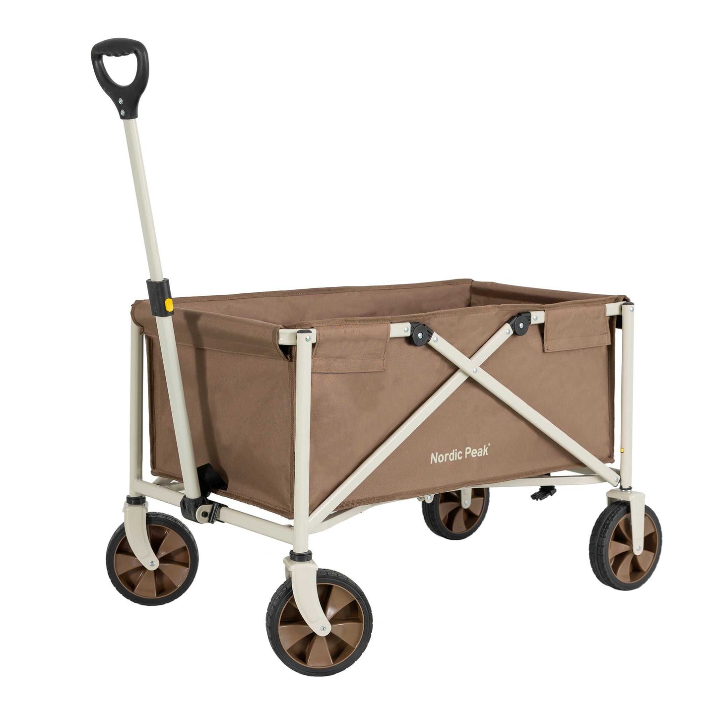Foldable trækvogn with 80 kg capacity, green and brown, sturdy wheels, oxford material.