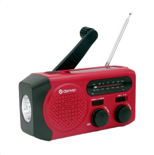 Rød Nødradio FM/AM med solcelle, håndsving og powerbank fra Denver