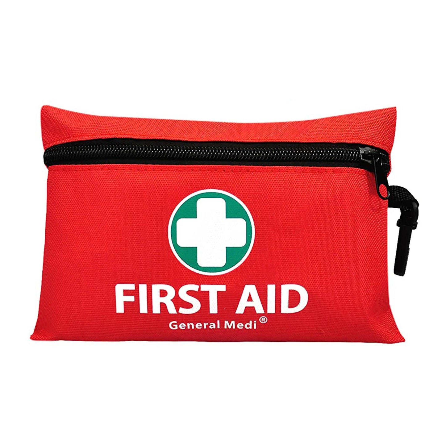 Red first aid kit with zipper, labeled "FIRST AID" and cross symbol.