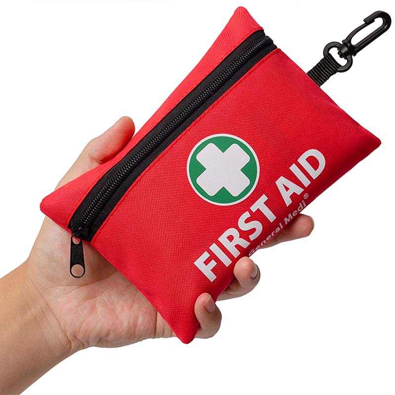 Red first aid kit with 110 pieces in a compact pouch.