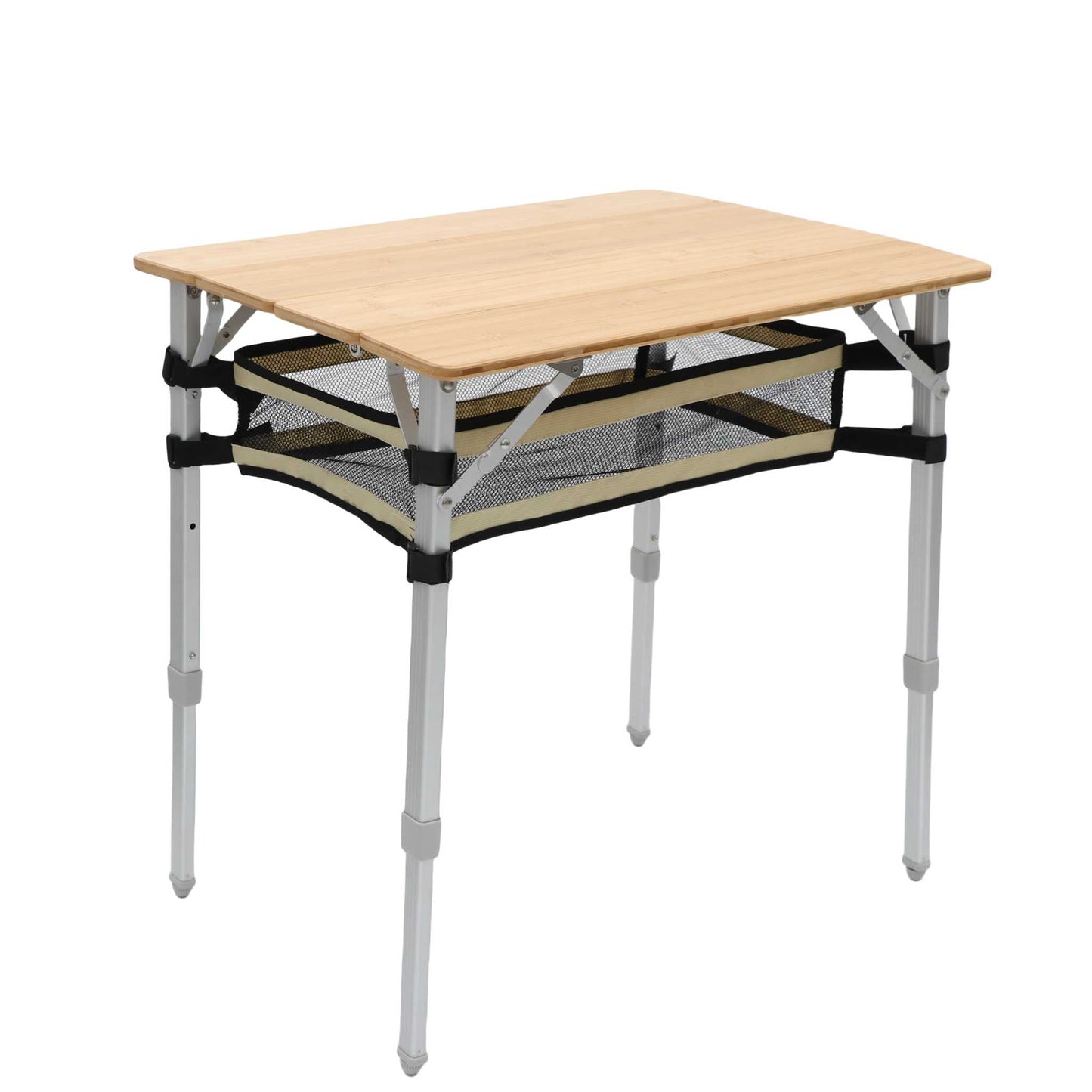 Bambus foldebord 65 x 50 cm med justerbar højde og letvægtsdesign.