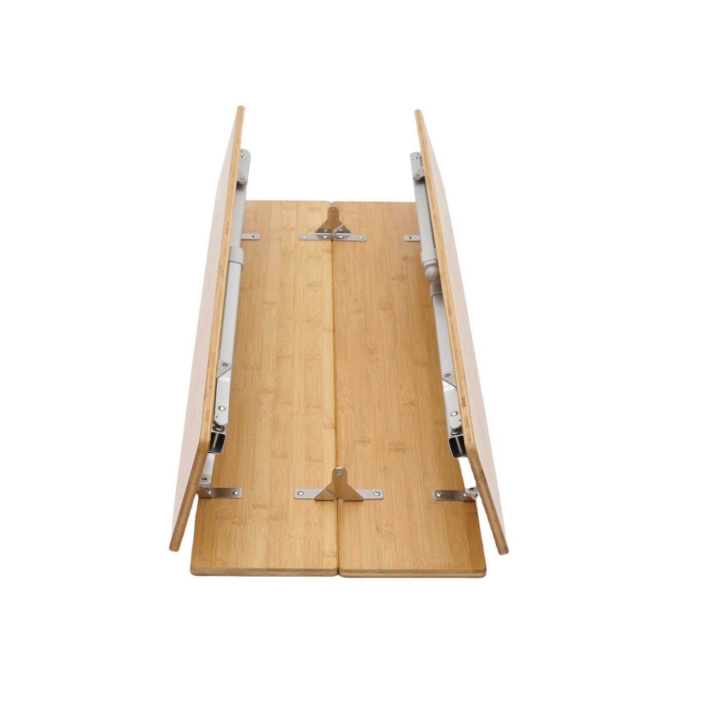Foldable bamboo table with aluminum frame, adjustable height, robust lightweight design, 100 x 65 cm.