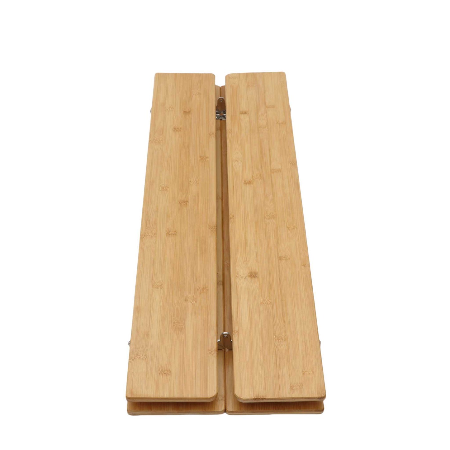 Foldable bamboo table with aluminum frame, 100 x 65 cm, lightweight and adjustable height design.