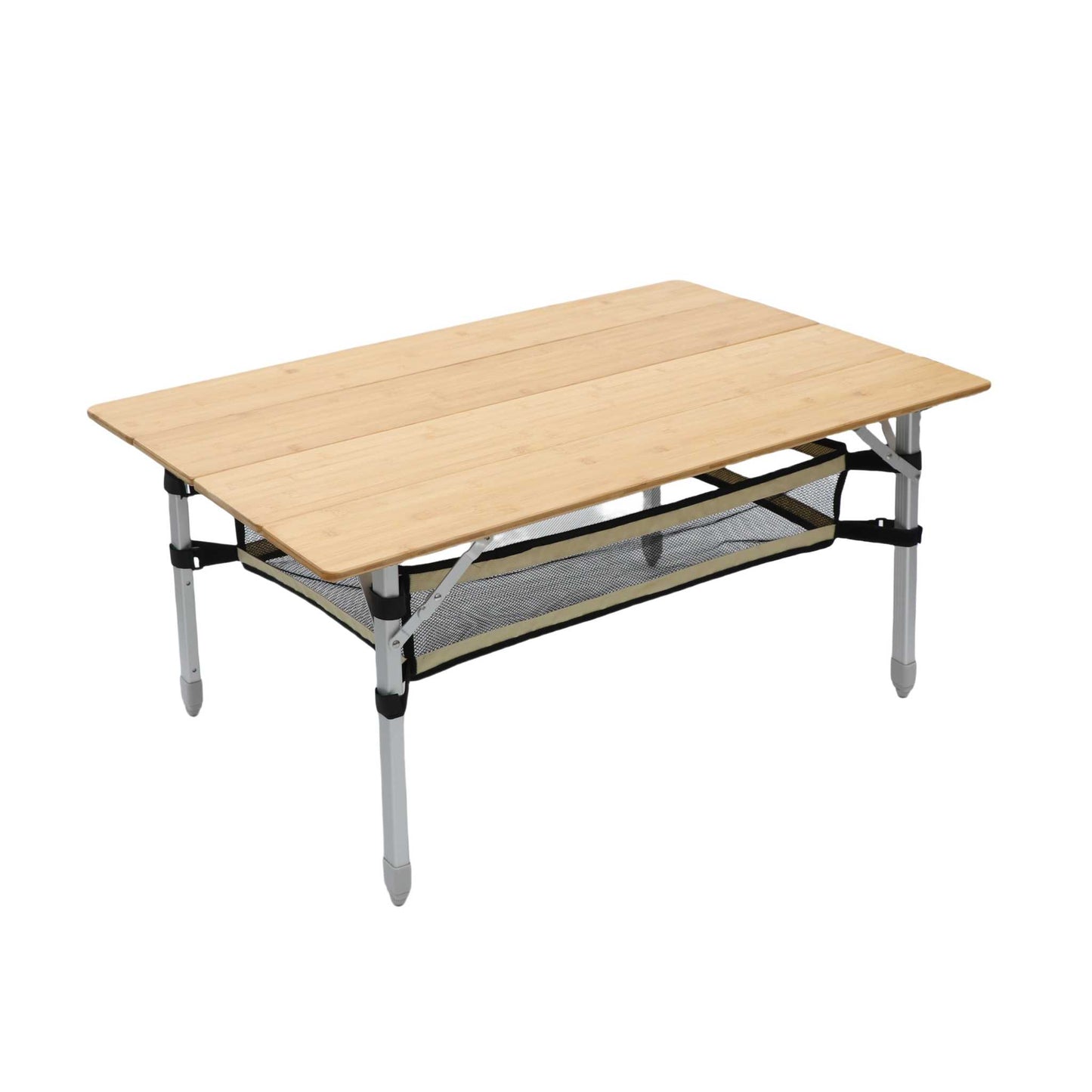 Foldable bamboo table, 100 x 65 cm, lightweight and adjustable.