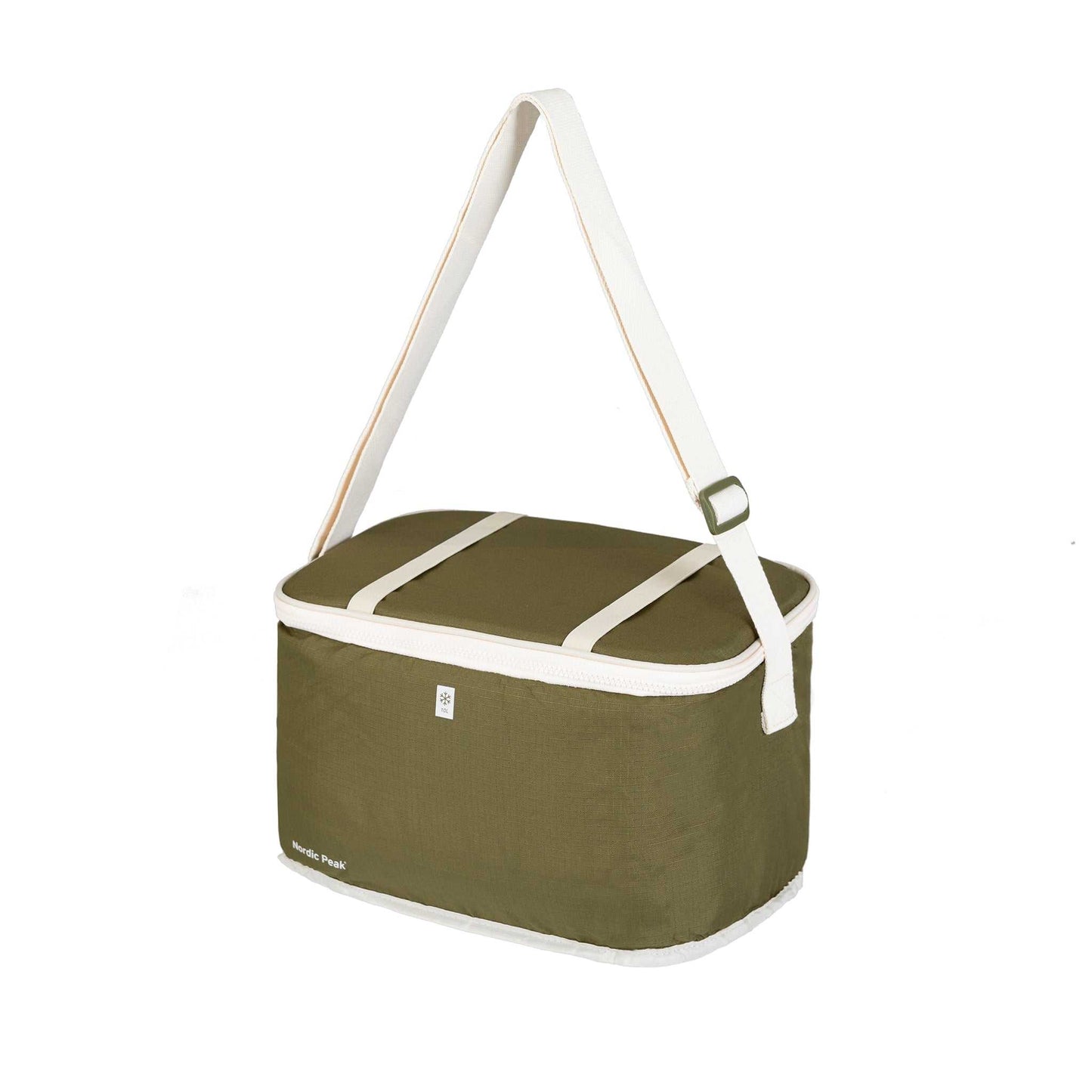 Green 10L cooler bag with carrying handle and SBS zippers.