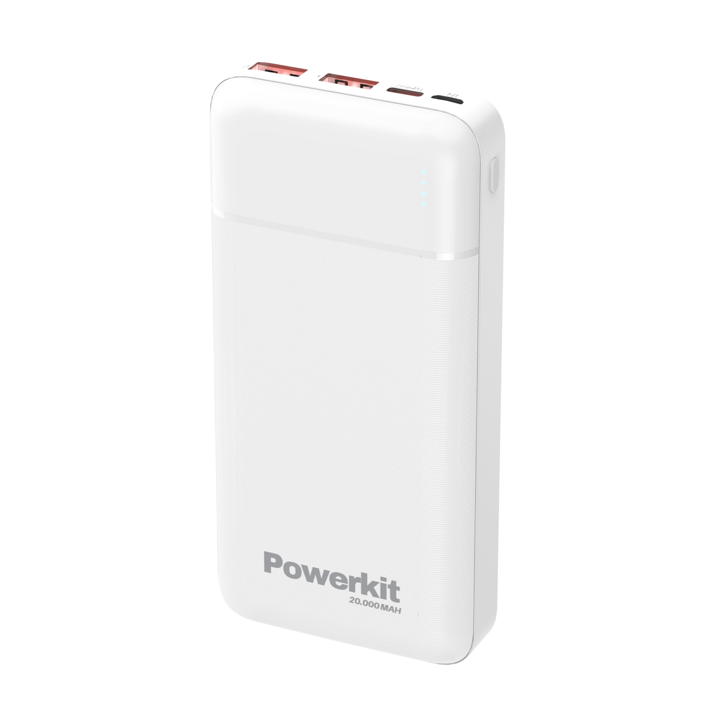 Powerbank 20.000 mAh with USB ports and fast charging, portable and compact design.