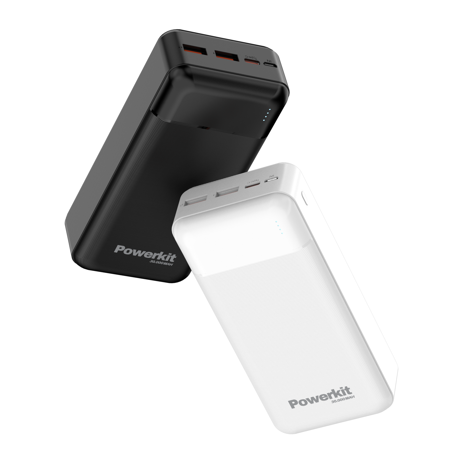 Powerbank 30.000 mAh with fast charging, dual USB ports, in black and white.