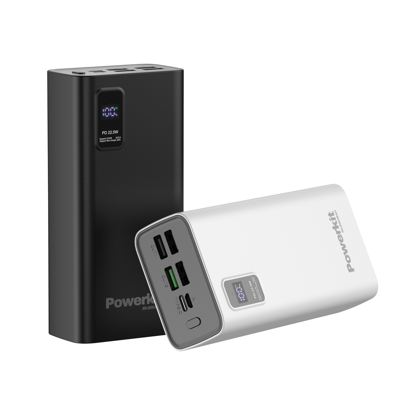 Powerbank 30.000 mAh with fast charging, USB C, and built-in display.
