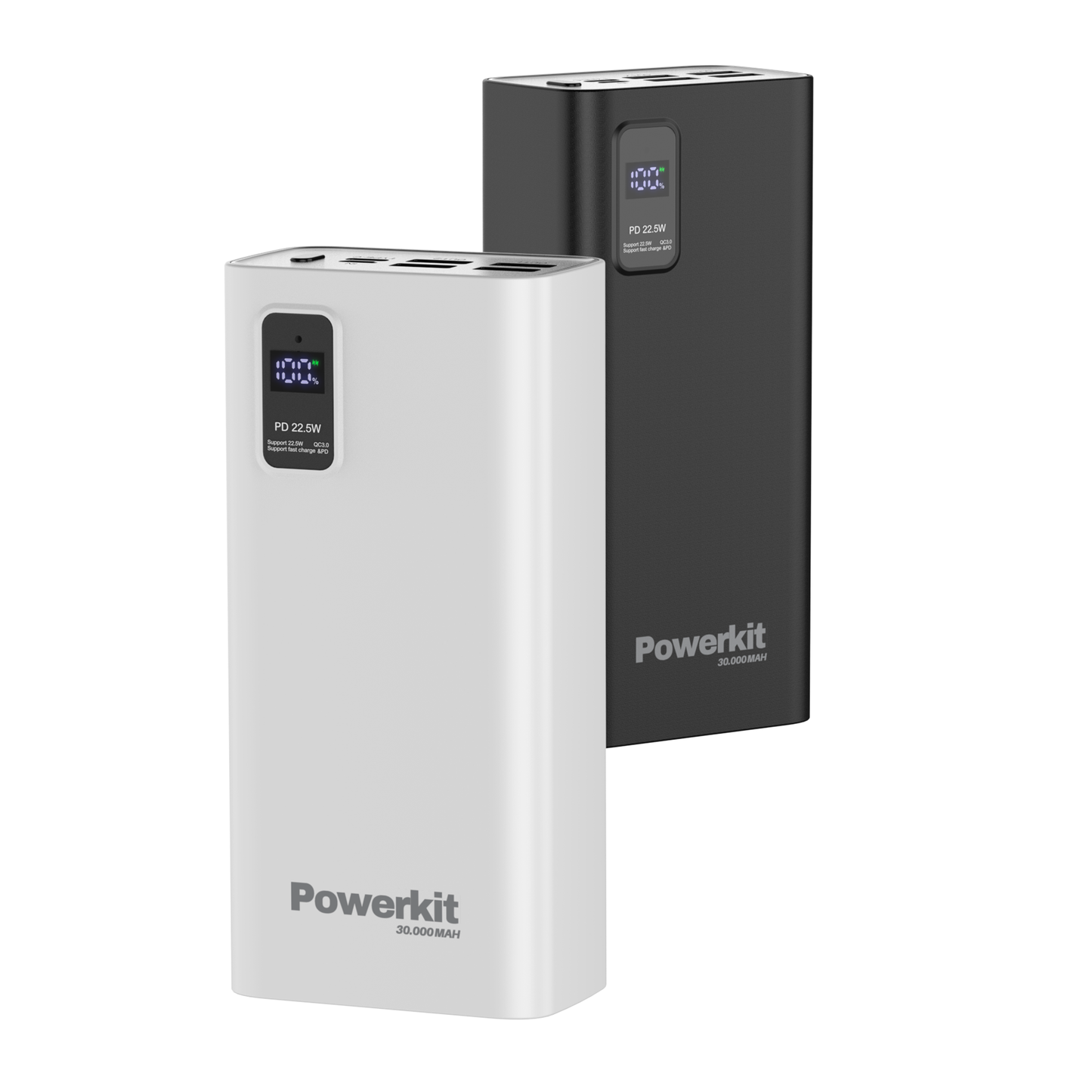 Powerbank 30.000 mAh with fast charging, built-in display, and USB-C ports.