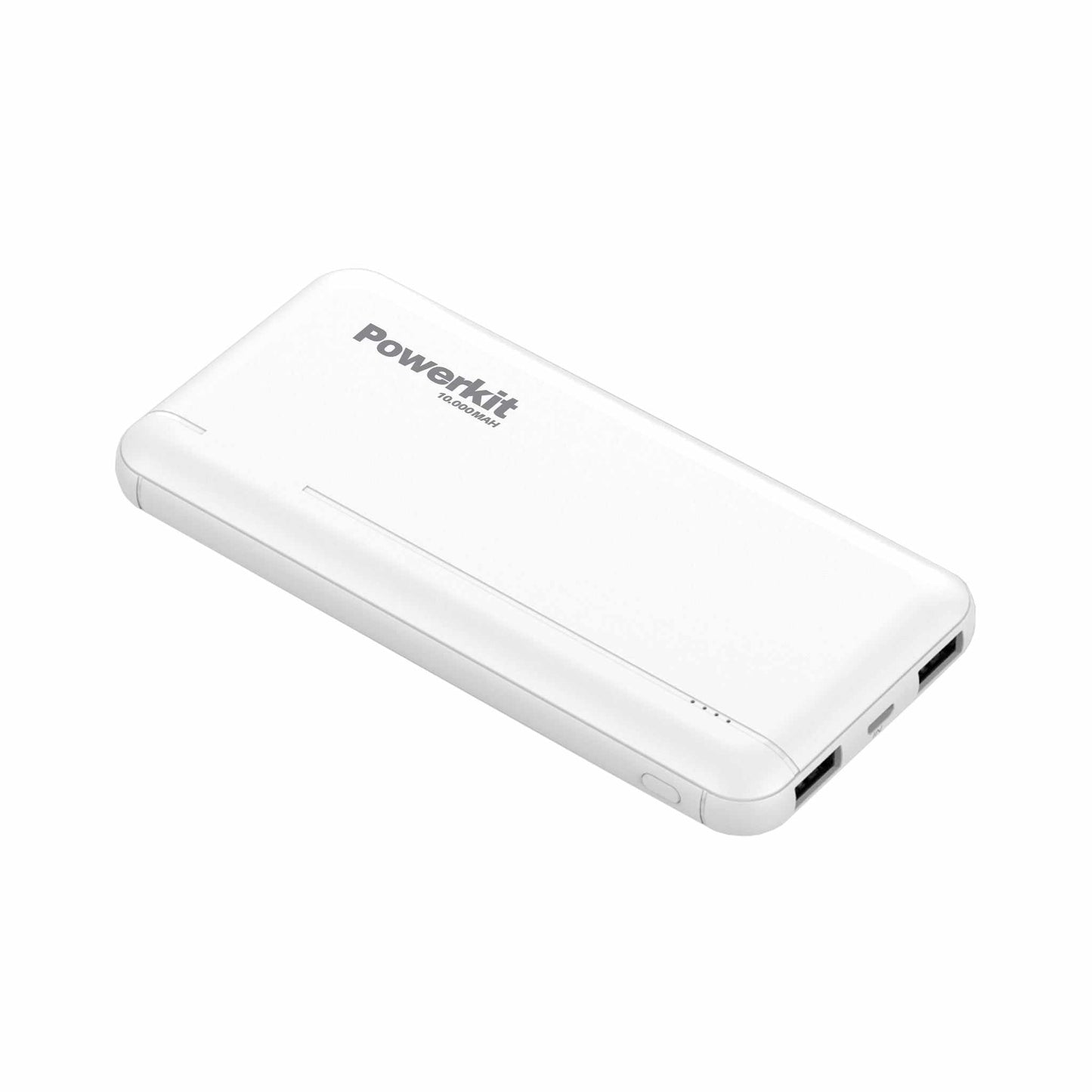Hvid Powerbank 10.000 mAh med 11W ladehastighed, dobbelte USB-porte og batteriindikator.