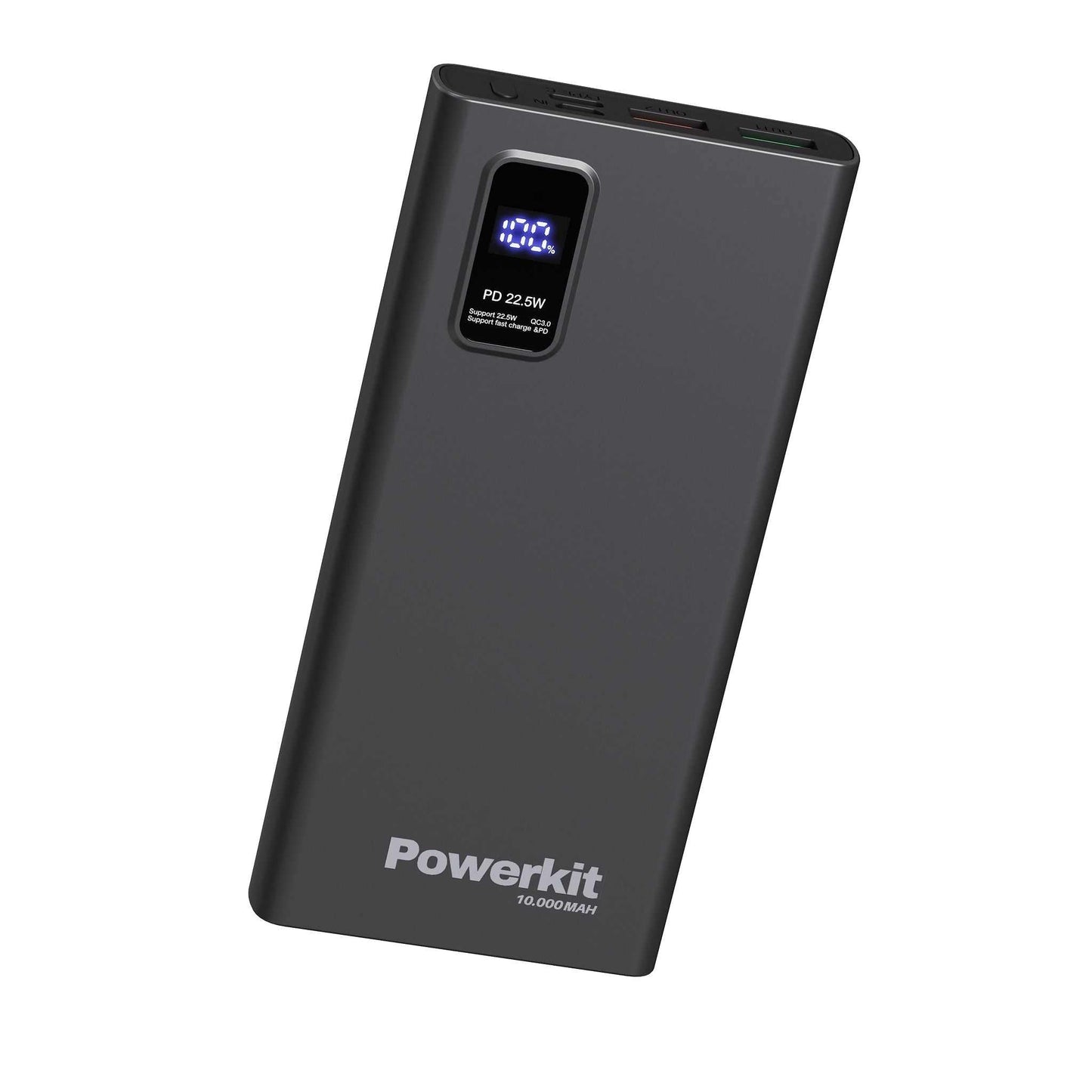 Powerbank 10.000 mAh med hurtigopladning, digitalt display og dobbelt USB-porte til smartphones og tablets.