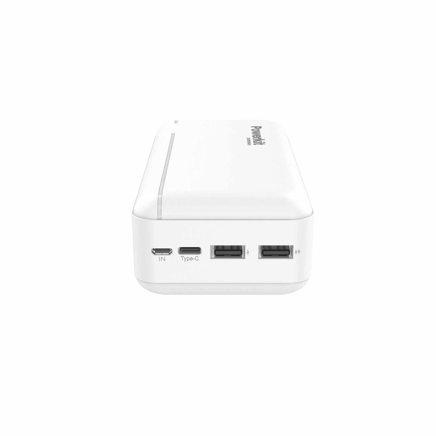 Hvid powerbank 30.000 mAh med USB A og Type-C porte, 11W ladehastighed og mulighed for at oplade to enheder samtidigt.