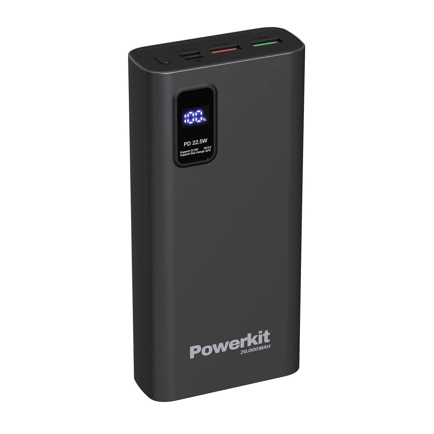 Powerbank 20.000 mAh med hurtigopladning og indbygget display til simultan opladning af to enheder.