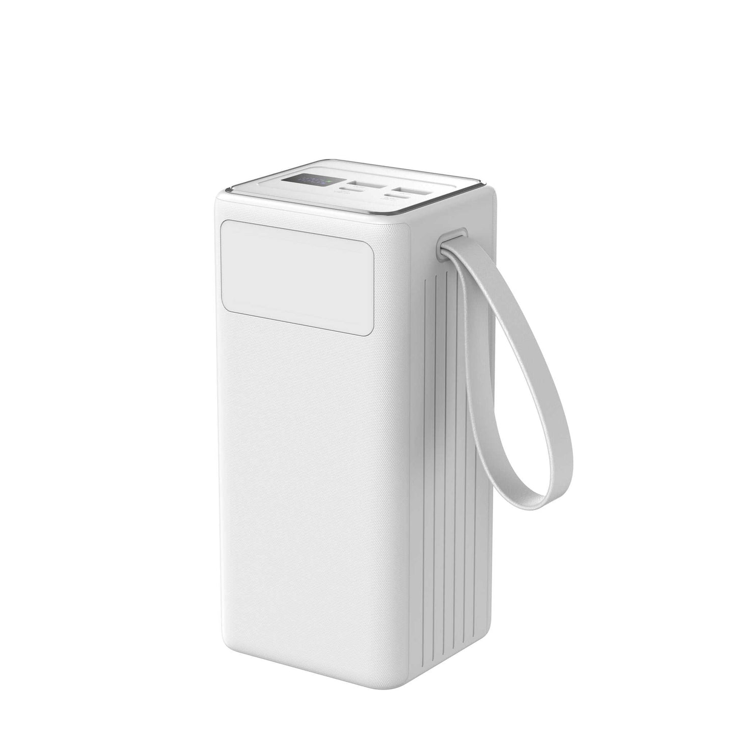 Powerbank 50.000 mAh med hurtigopladning, indbygget display og lommelygte, kan oplade 3 enheder samtidig.