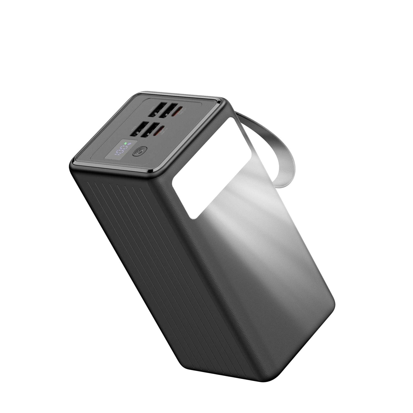 Powerbank 60.000 mAh med hurtigopladning, indbygget display, USB-A og USB-C porte samt kraftig lommelygte.