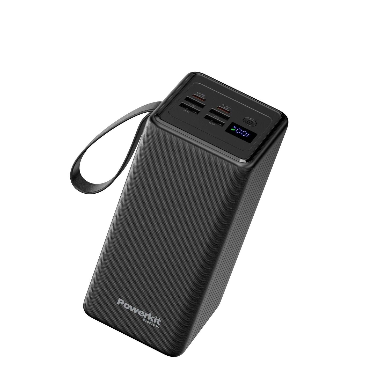 Powerbank 60.000 mAh med hurtigopladning, tre USB-porte, indbygget display og lommelygte, sort design.