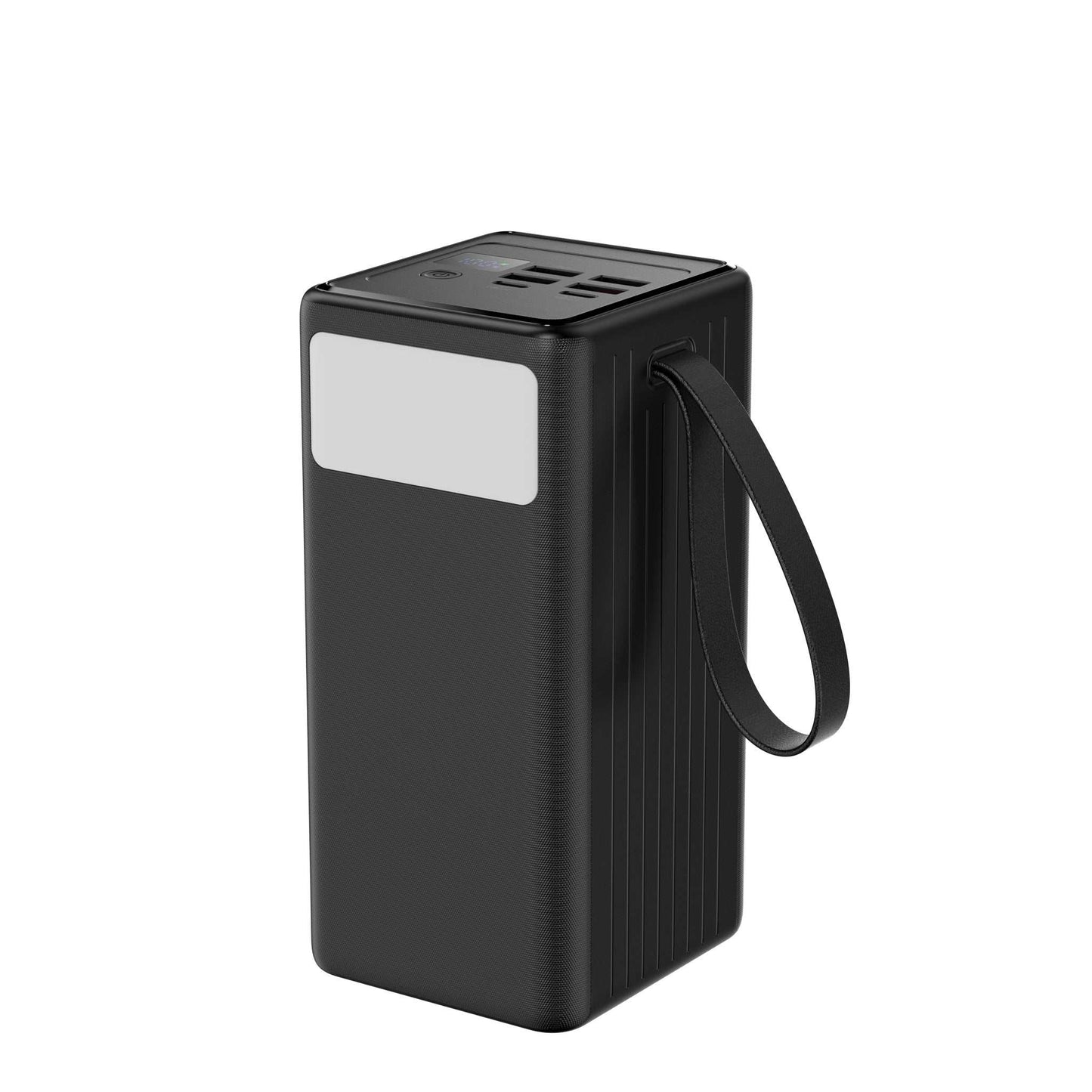 Sort powerbank 60.000 mAh med hurtigopladning, indbygget display og lommelygte, oplader tre enheder samtidigt via USB-A og USB-C.