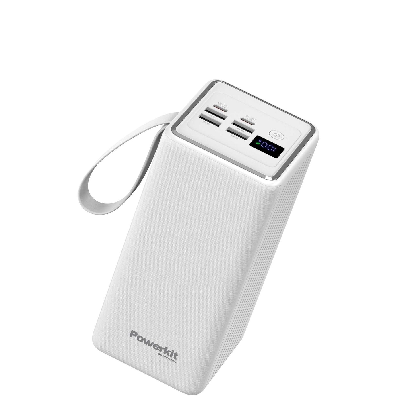 hvid powerbank 60.000 mAh med hurtigopladning, USB-A og USB-C porte, indbygget display og lommelygte