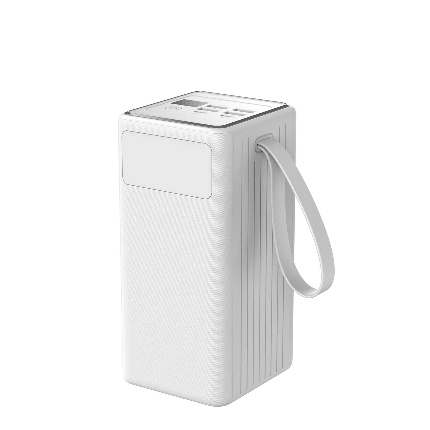 Hvid powerbank 60.000 mAh med hurtigopladning, indbygget display og håndsrem, kan oplade tre enheder samtidig og har indbygget lommelygte.