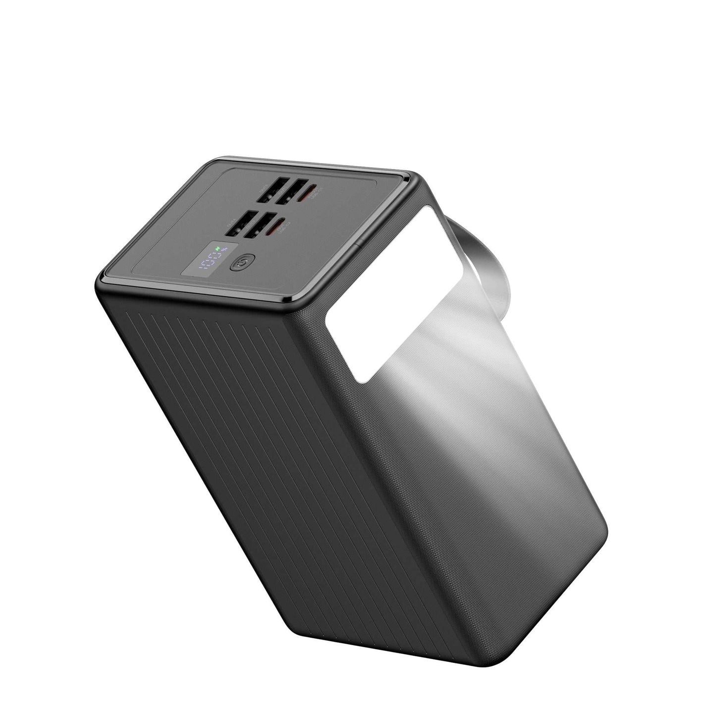 Powerbank 80.000 mAh med hurtigopladning, indbygget display og kraftig lommelygte, der kan oplade tre enheder samtidig via USB-A og USB-C.