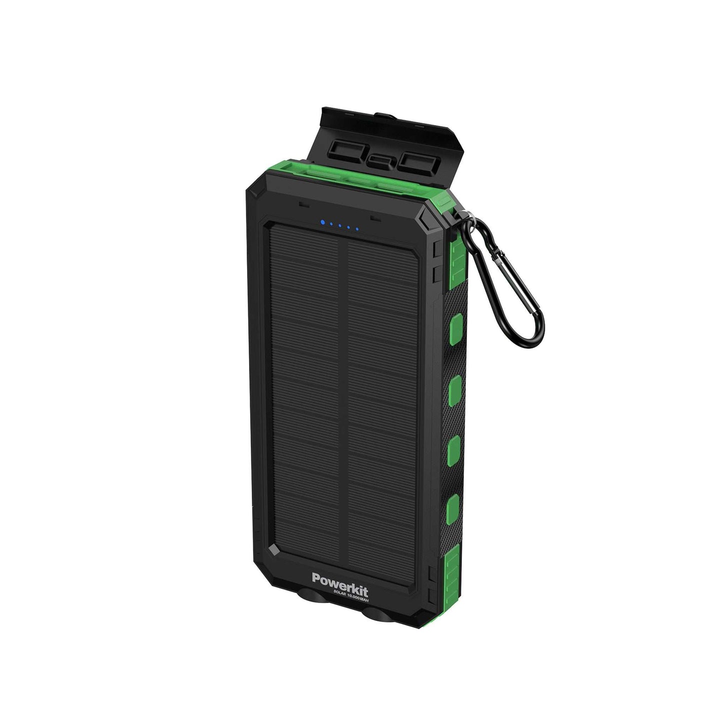 Solcelle Powerbank 10.000 mAh med USB A, strømindikator og karabinhage til smartphones og tablets