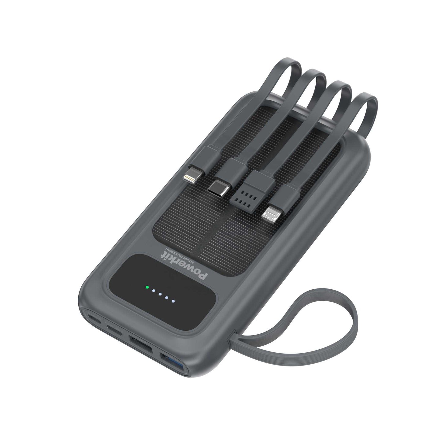 Powerbank 10.000 mAh - hurtigopladning - indbygget solceller og kabler
