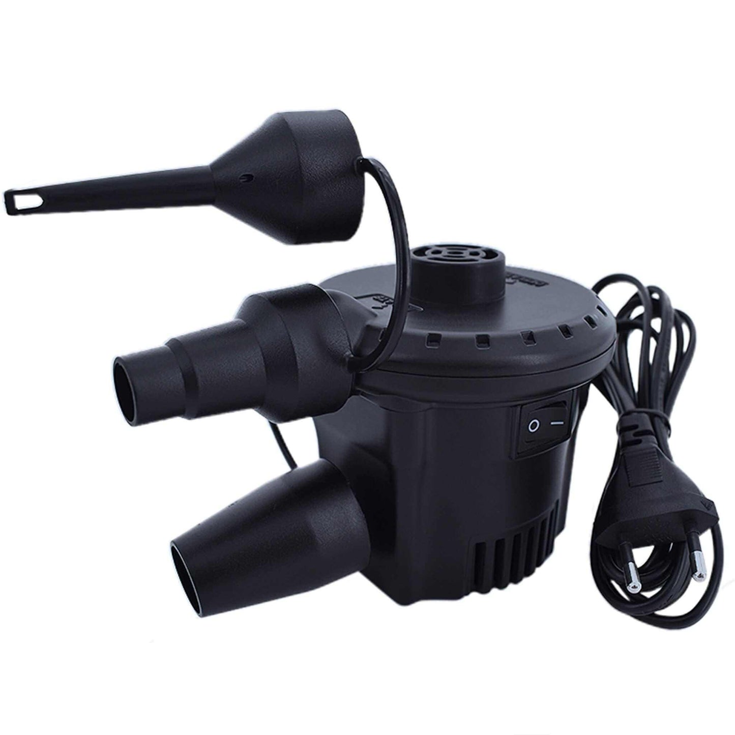Compact electric pump with cable for inflating air mattresses and inflatables.