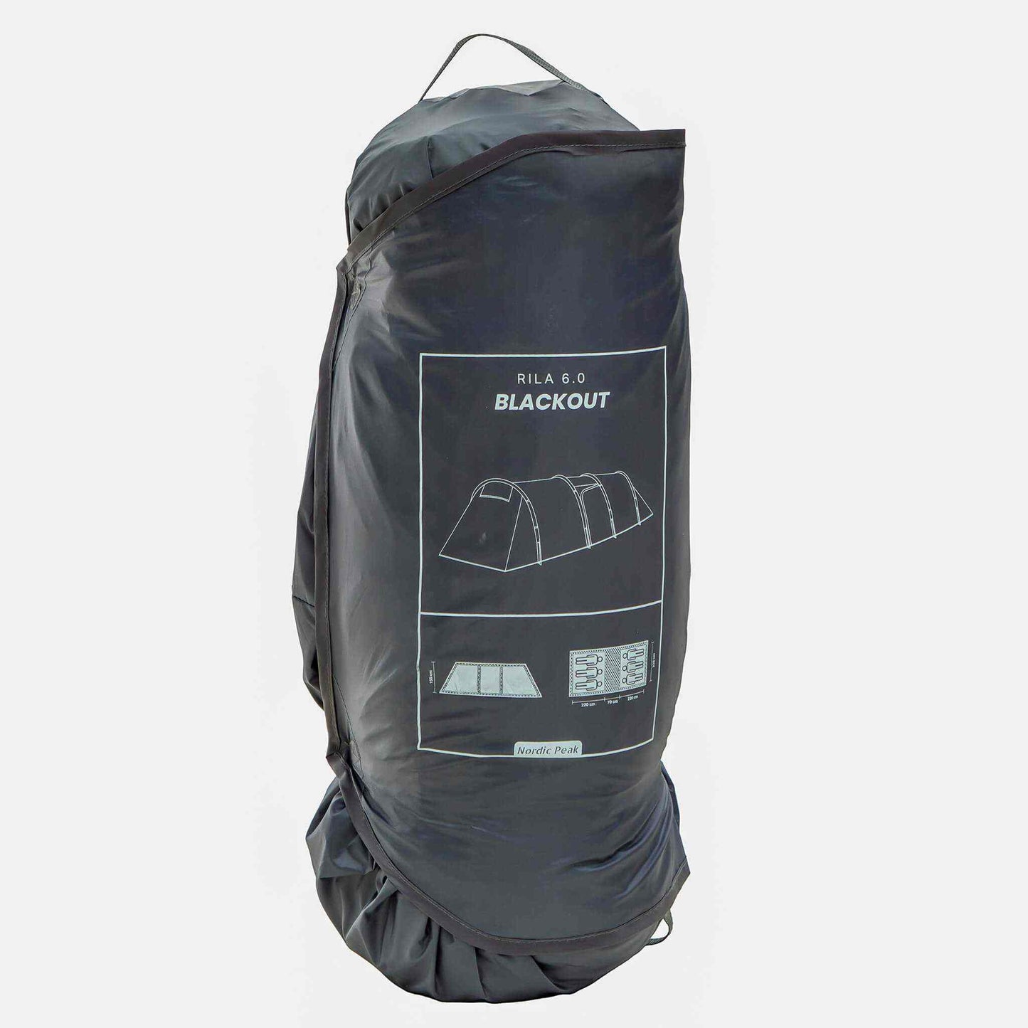 Sort pakketaske med 6-personers blackout gruppe telt Rila 6.0 foldet og pakket sammen