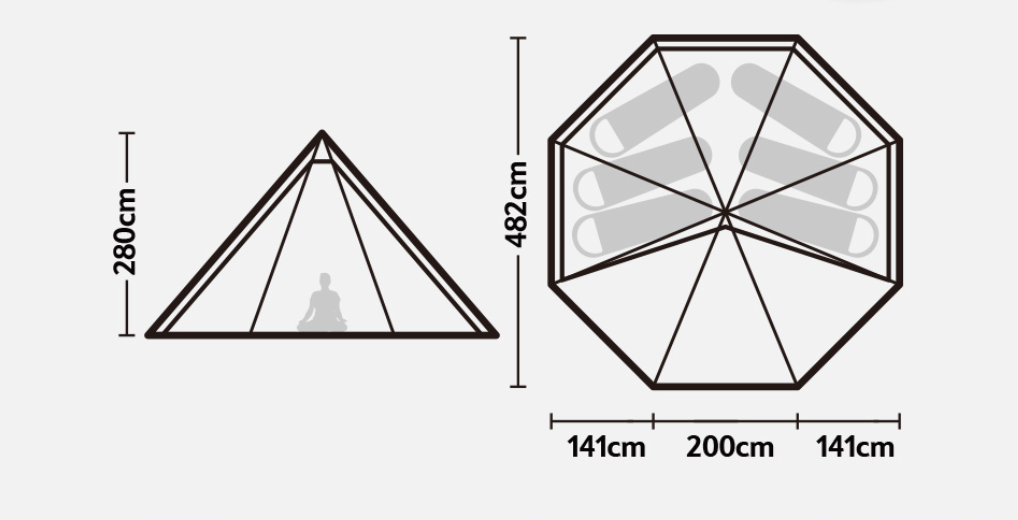 Ottekantet tipi telt med plads til 5-8 personer og mål 482x482x280 cm.