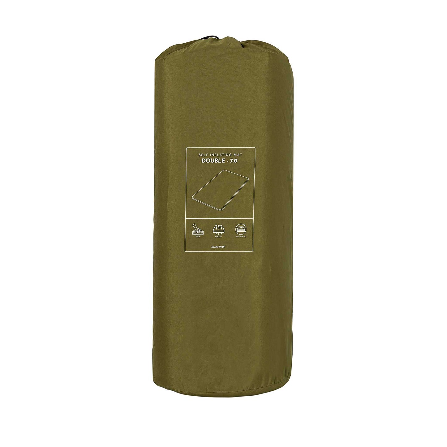 Self-inflating double sleeping pad, 9 cm thick, packed in a compact green bag.