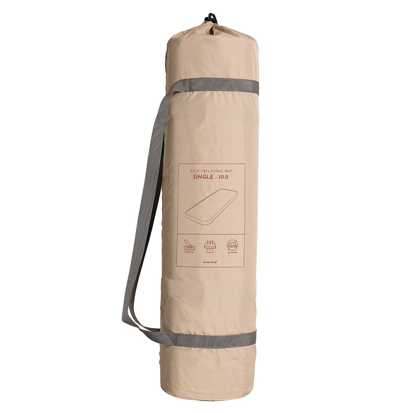 Self-inflating sleeping mat in compact carry bag with handle.
