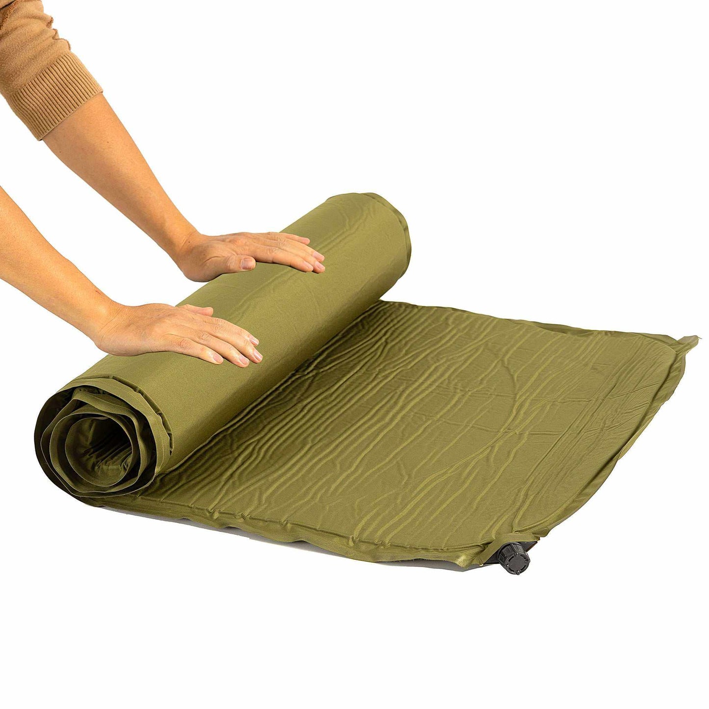 Selvoppustelig liggeunderlag, single, 7 cm, grøn, rulles ud, campingudstyr.