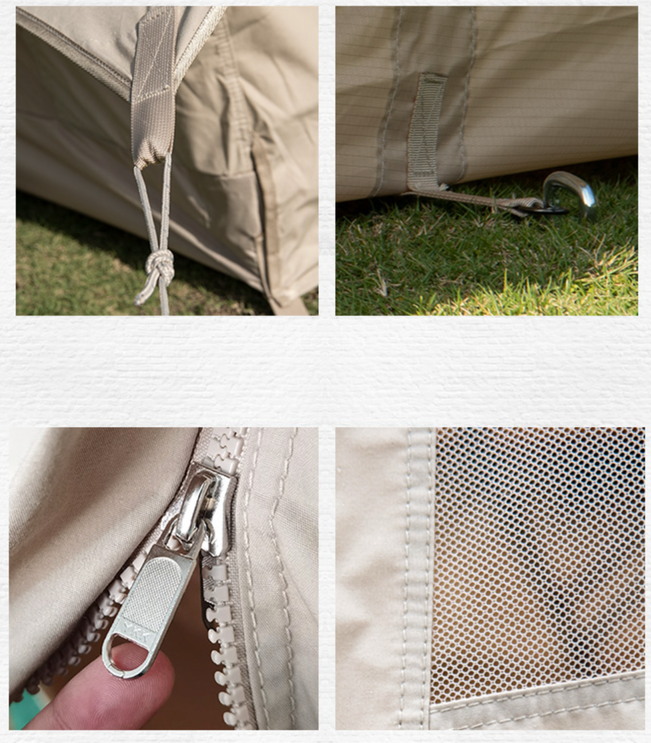 Detaljeret nærbillede af letvægts glamping telt i bomuldsdug med vandafvisende coating, mesh-ventilation og solide lynlåse.
