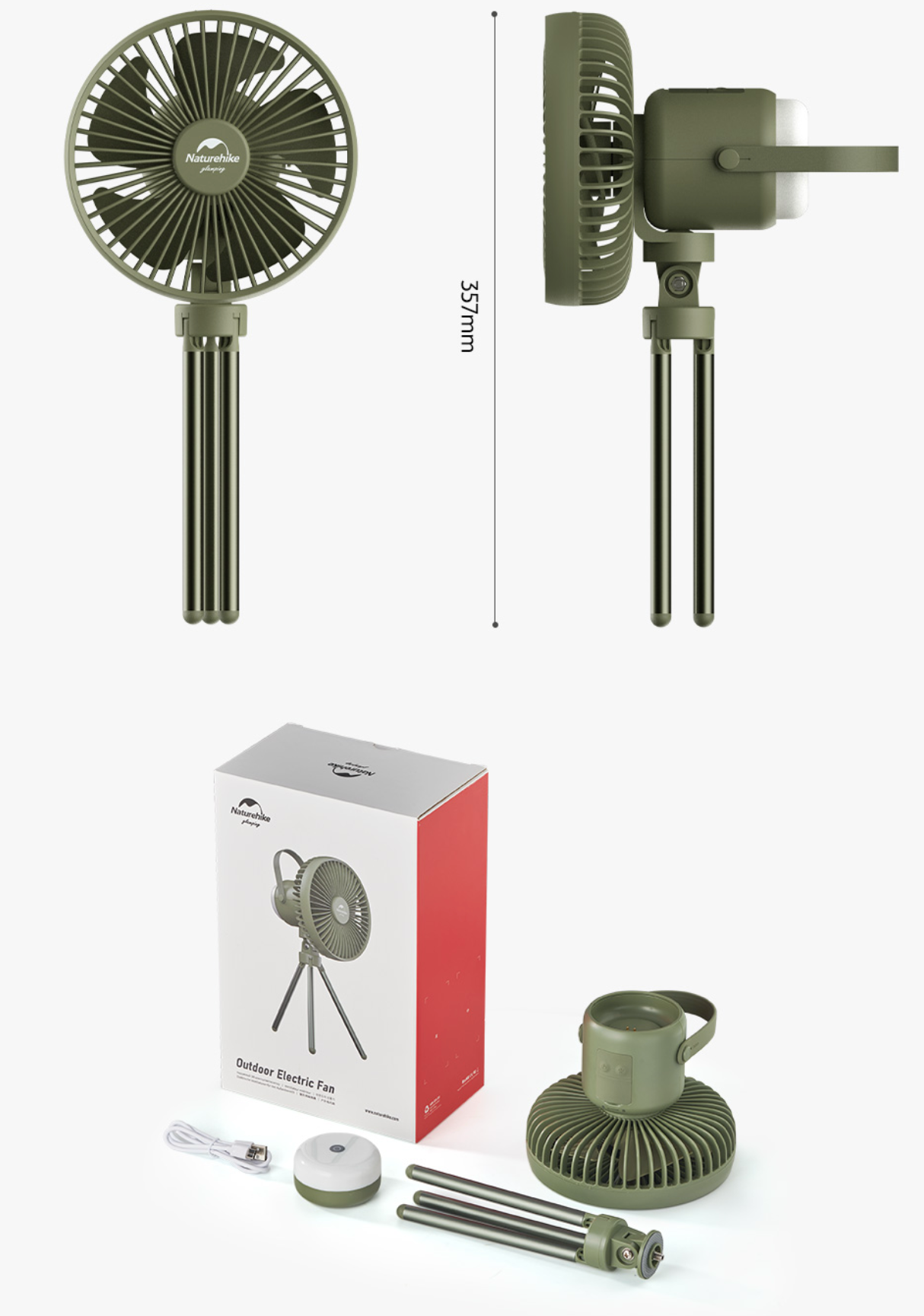 Trådløs blæser med LED-lampe, magnetisk base, justerbar vinkel og 3 hastigheder, genopladelig via USB-C, kompakt og støjsvag til udendørs brug.