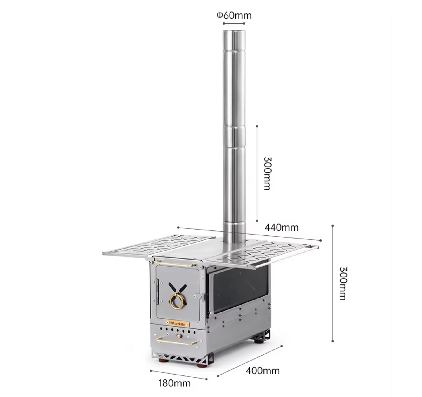 Transportabel kombiovn til glamping telt i rustfrit stål med kogeplade, glasrude og integreret skorsten