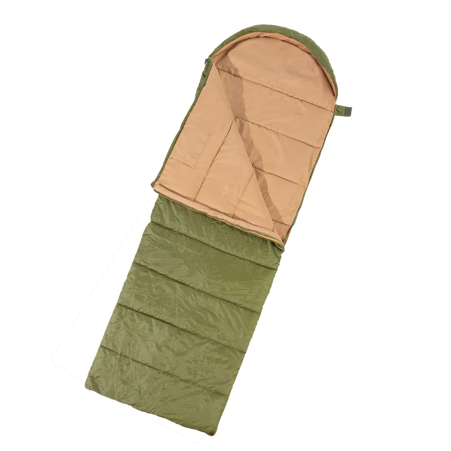 Light green sleeping bag for up to 200 cm, water-resistant polyester, suitable for 5-10°C.