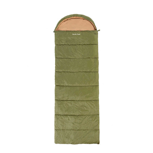 Compact and lightweight green sovepose for 5-10°C, suitable for up to 200 cm, with durable polyester and cotton fiber insulation.