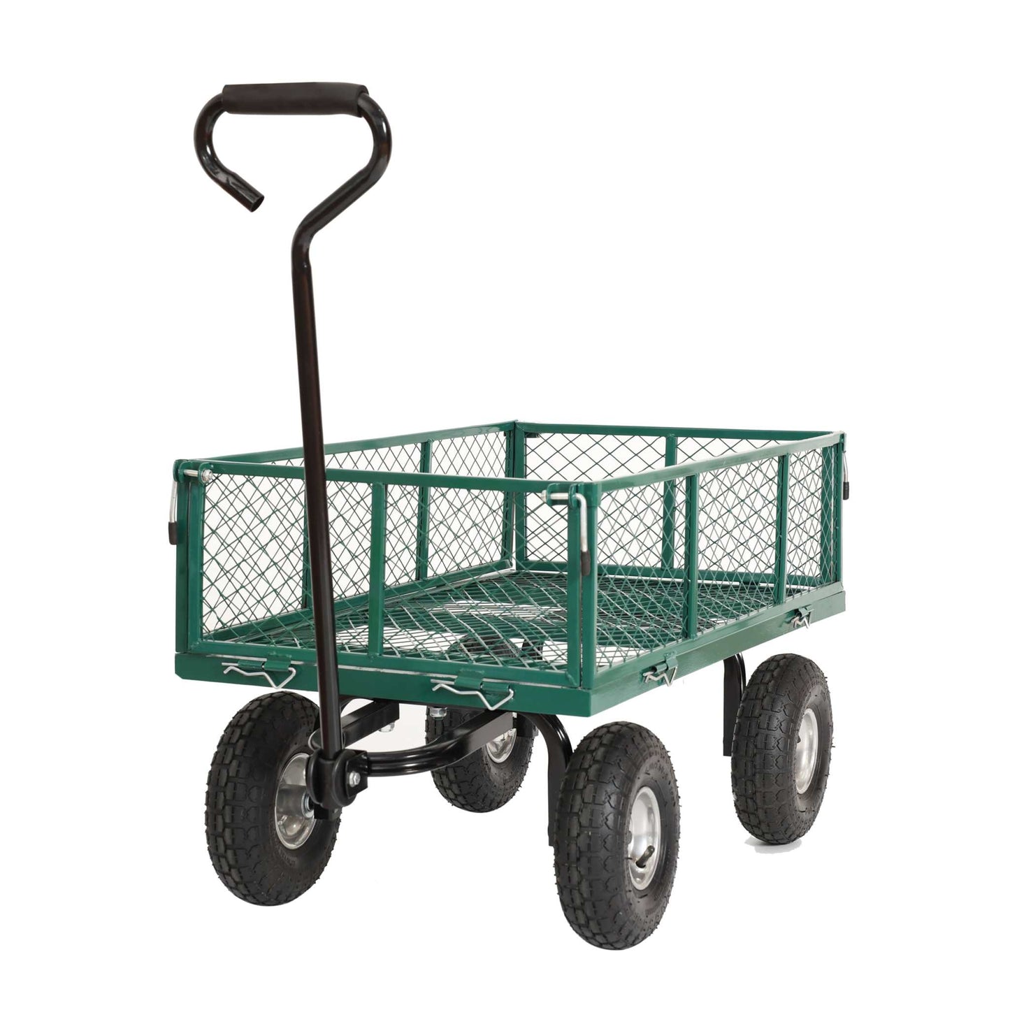 Robust trækvogn med gitter, oppustelige hjul og kapacitet på 350 kg.