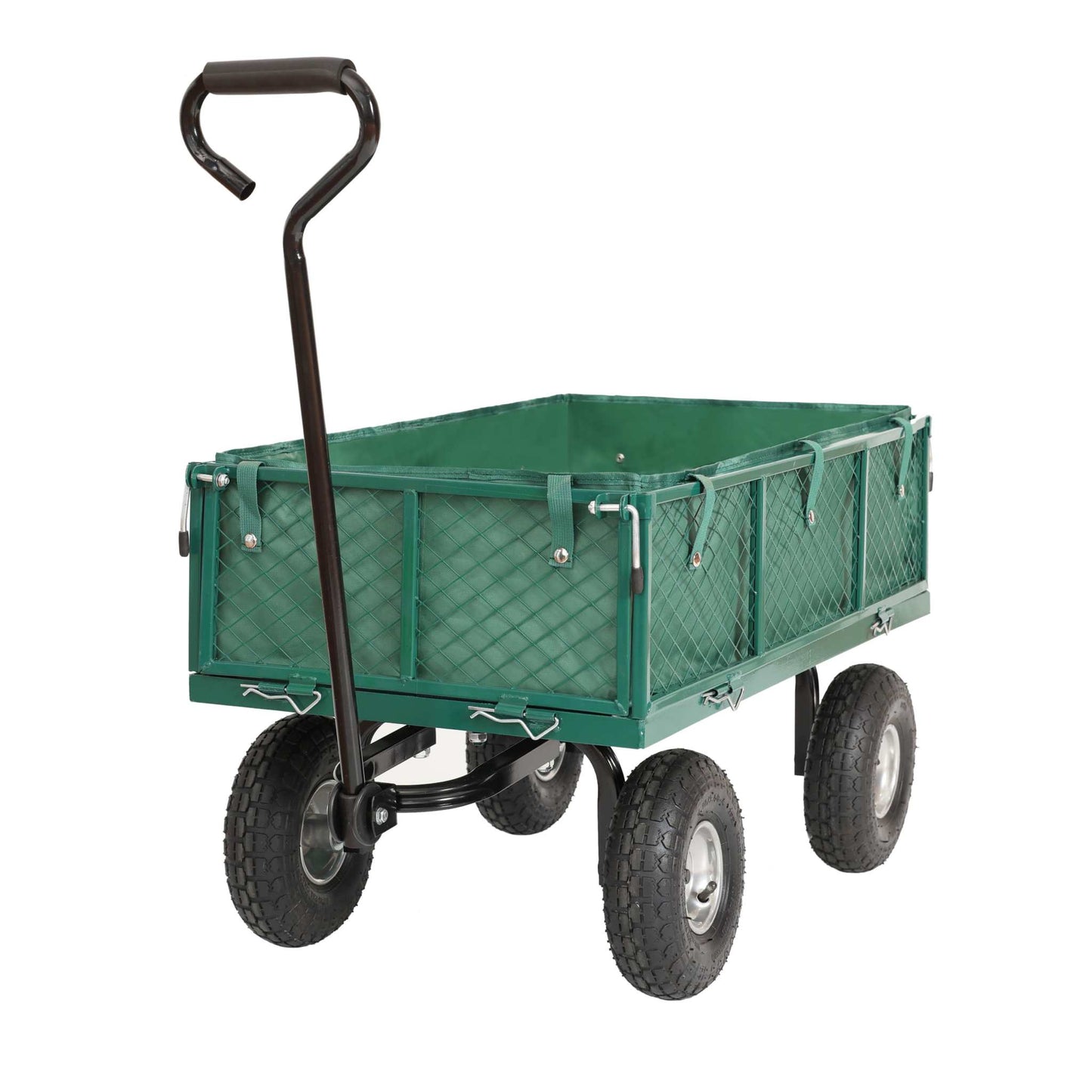 Robust grøn trækvogn med rustfrit gitter og oppustelige hjul, max kapacitet 350 kg.