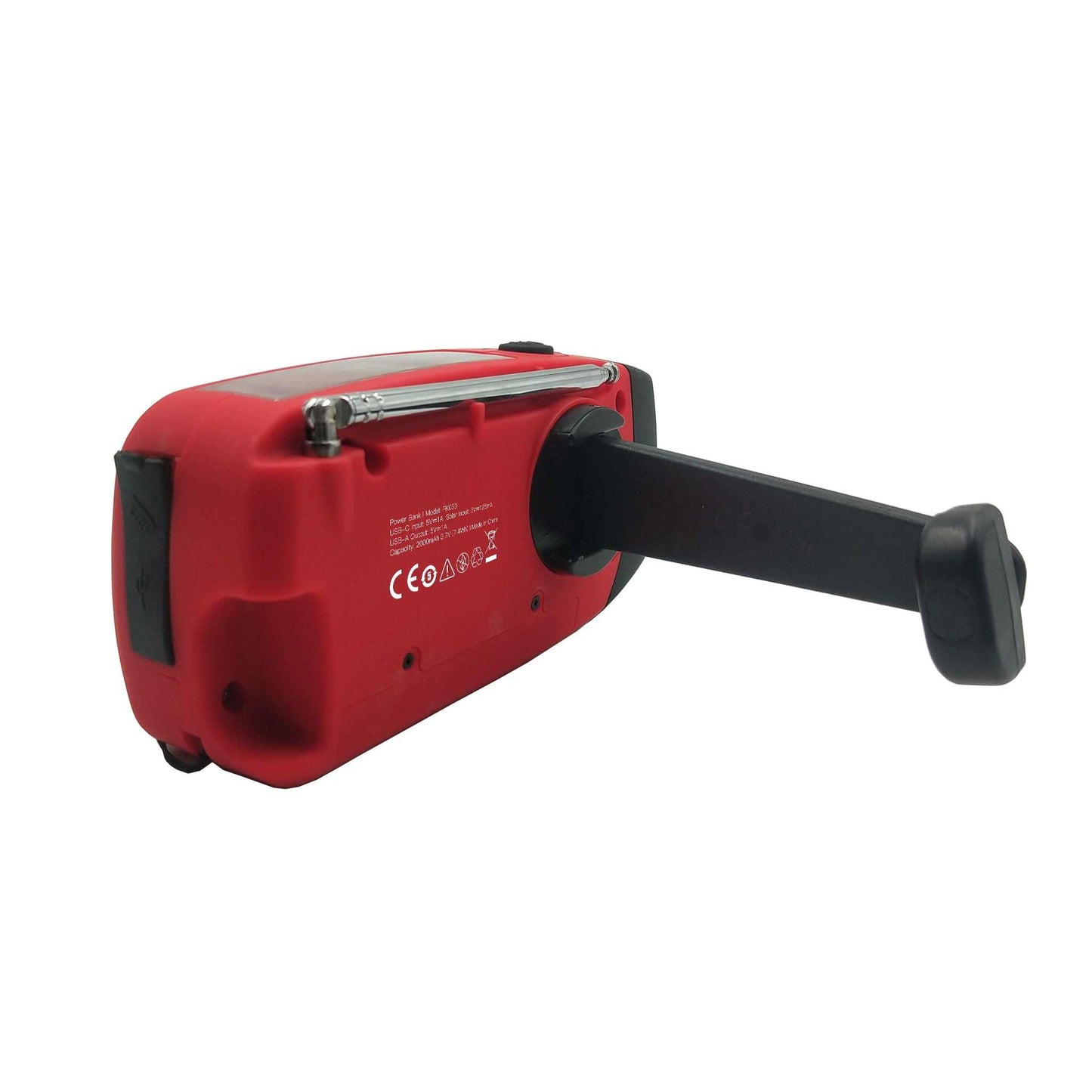 Rød nødradio m. solceller, håndsving, FM/AM, powerbank 2000 mAh, indbygget lygte, USB A og C, kompakt design.