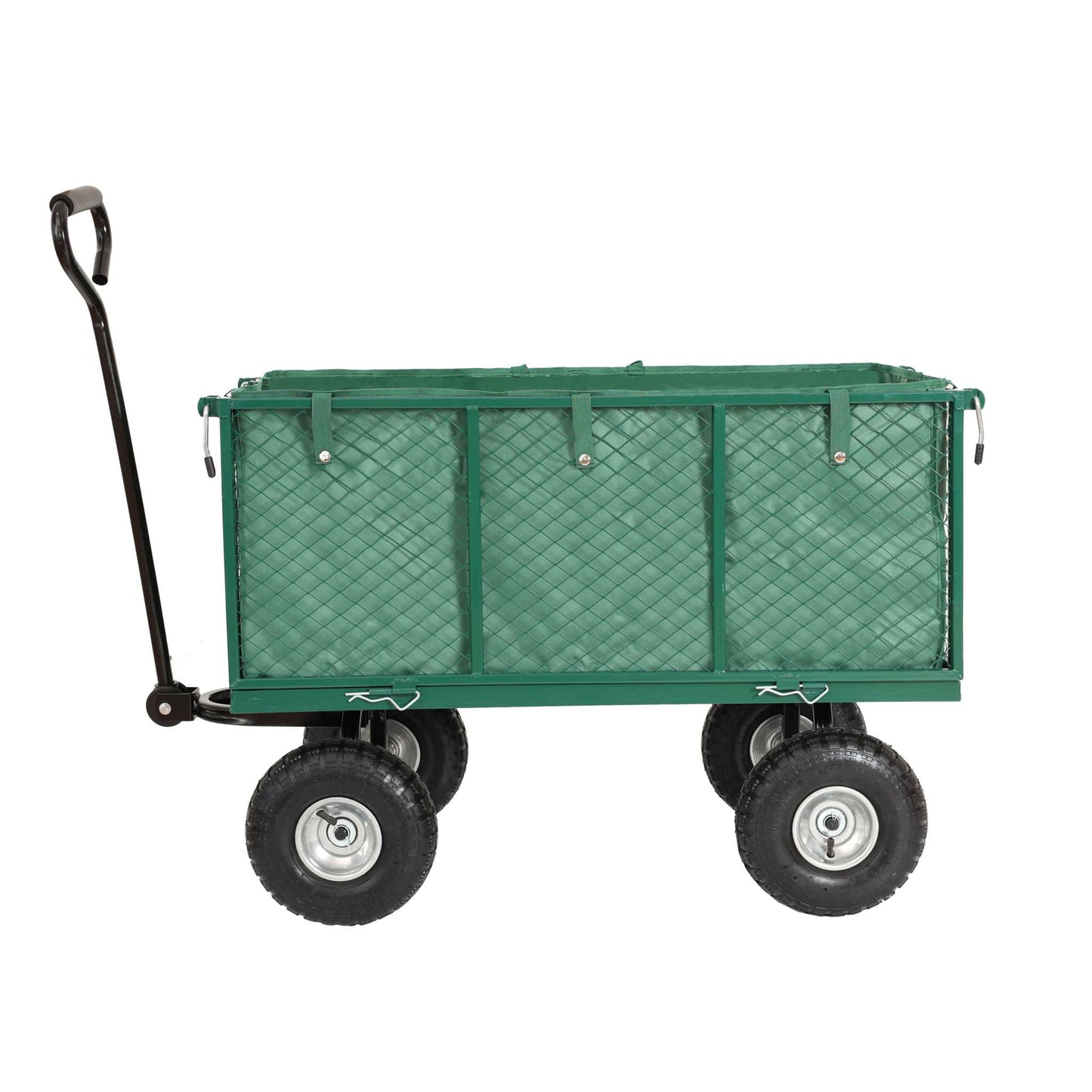 Grøn trækvogn med rustfrit gitter, aftagelig presenning og oppustelige hjul, XL model med 350 kg kapacitet.