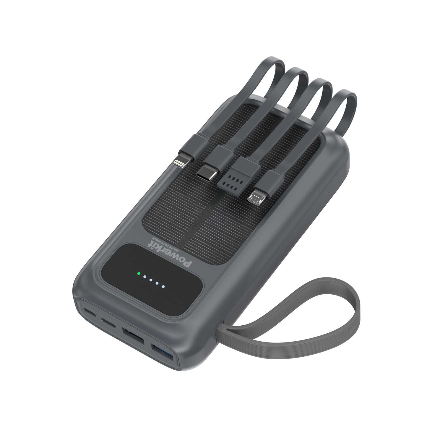 Powerbank 20.000 mAh - hurtigopladning - indbygget solceller og kabler