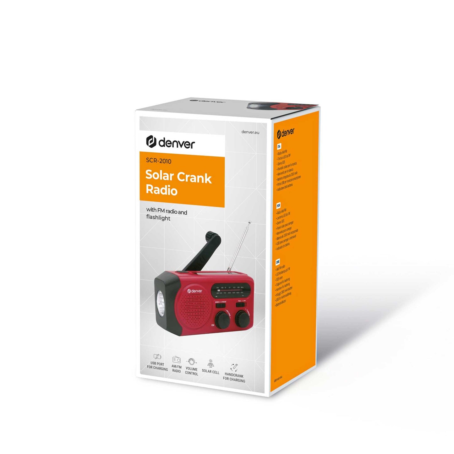 Nødradio FM/AM med solcelle, håndsving, powerbank og lygte fra Denver i kompakt størrelse